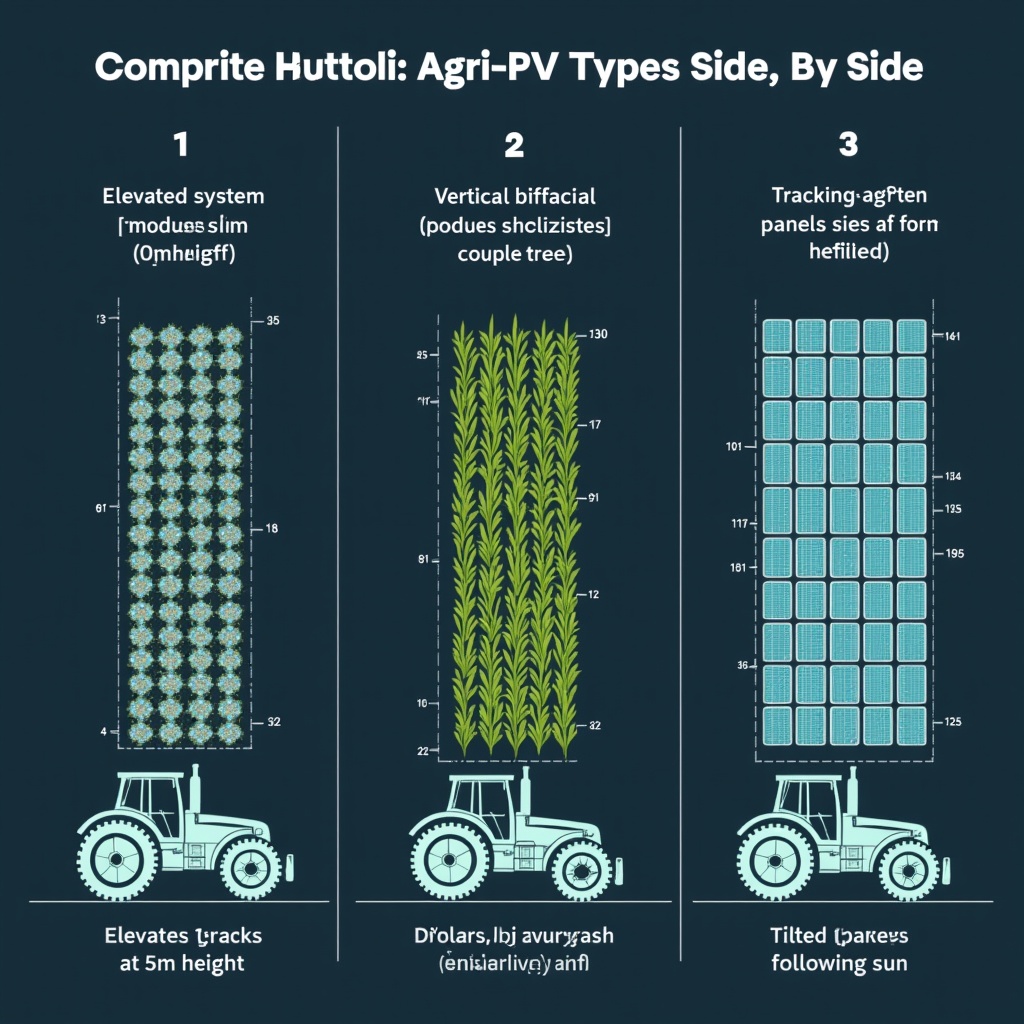 Infografik: Drei Agri-PV-Systemtypen im Querschnitt &ndash; hochaufgest&auml;ndert, vertikal bifazial, Tracker