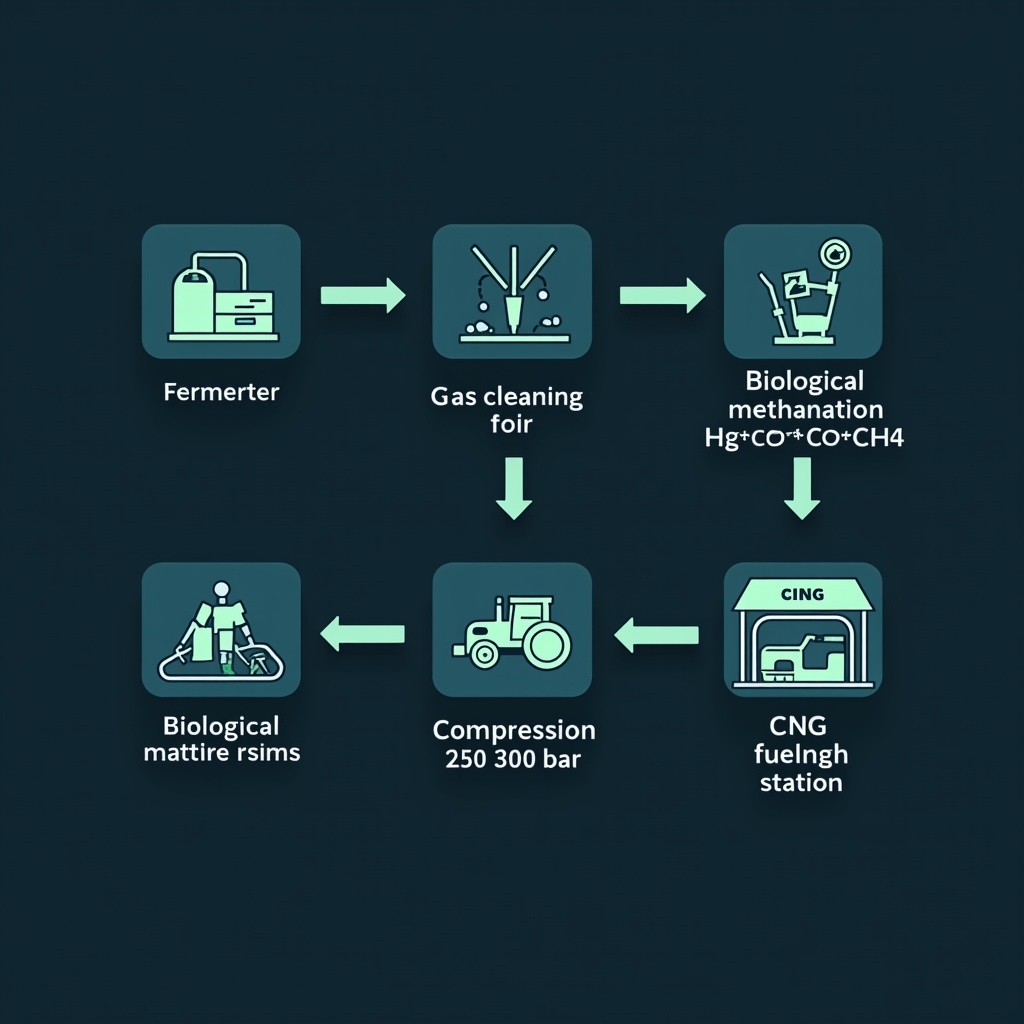 Prozessdiagramm: 5 Schritte vom Rohbiogas zum Bio-CNG-Traktorkraftstoff