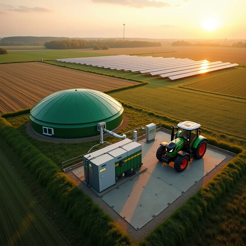Sektorenkopplung in der Landwirtschaft &ndash; Modellhof mit Biogasanlage, PV-Anlage, Elektrolyseur, Batteriespeicher und CNG-Tankstelle vernetzt Strom, W&auml;rme und Mobilit&auml;t